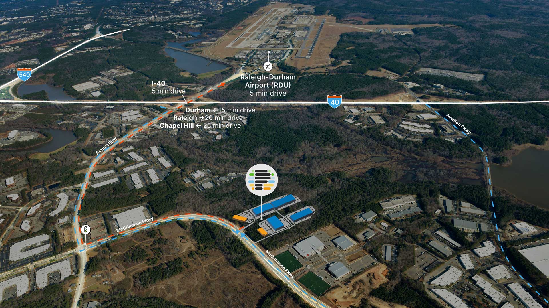 Satellite map depicting Pathway Triangle's proximity to  Raleigh airport